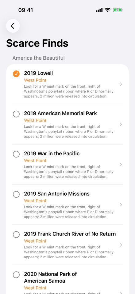 The Scarce Finds list of 2019 West Point quarters, with the Lowell W quarter checked off