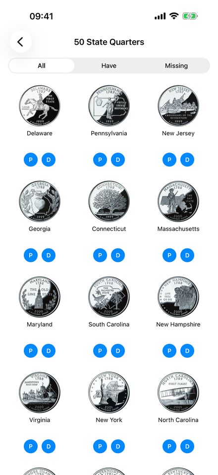 The state quarters grid, with P and D buttons under each coin