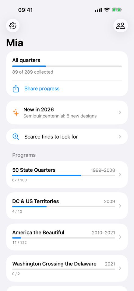 Mia's collection home screen with progress for each program